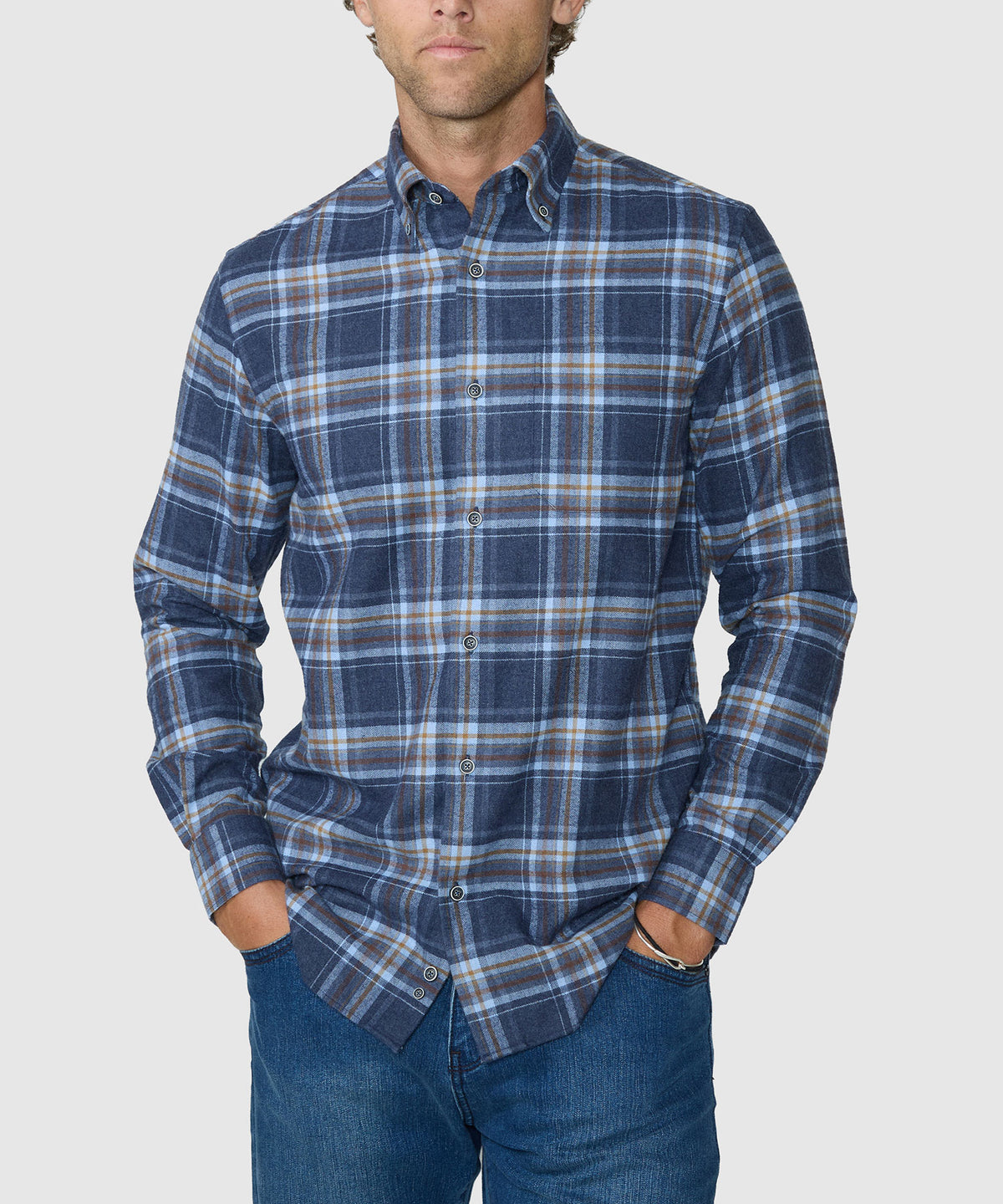 Blue plaid flannel long-sleeve button-up shirt with pointed collar, Westport Lifestyle Men's Big & Tall