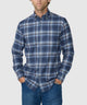 Blue plaid flannel long-sleeve button-up shirt with pointed collar