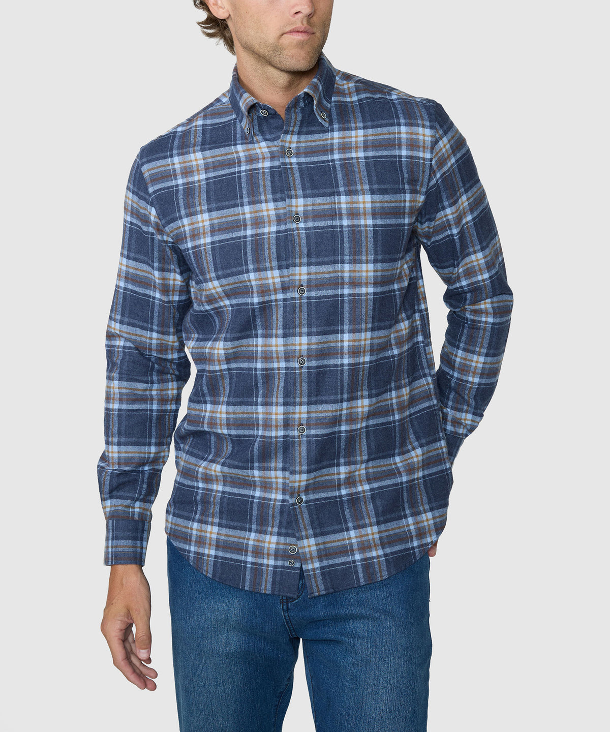 Blue plaid flannel long-sleeve button-up shirt, front three-quarter view, Westport Lifestyle Men's Big & Tall