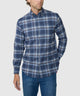 Blue plaid flannel long-sleeve button-up shirt, front three-quarter view