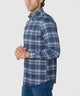 Blue plaid flannel button-up shirt with long sleeves and cuff detail