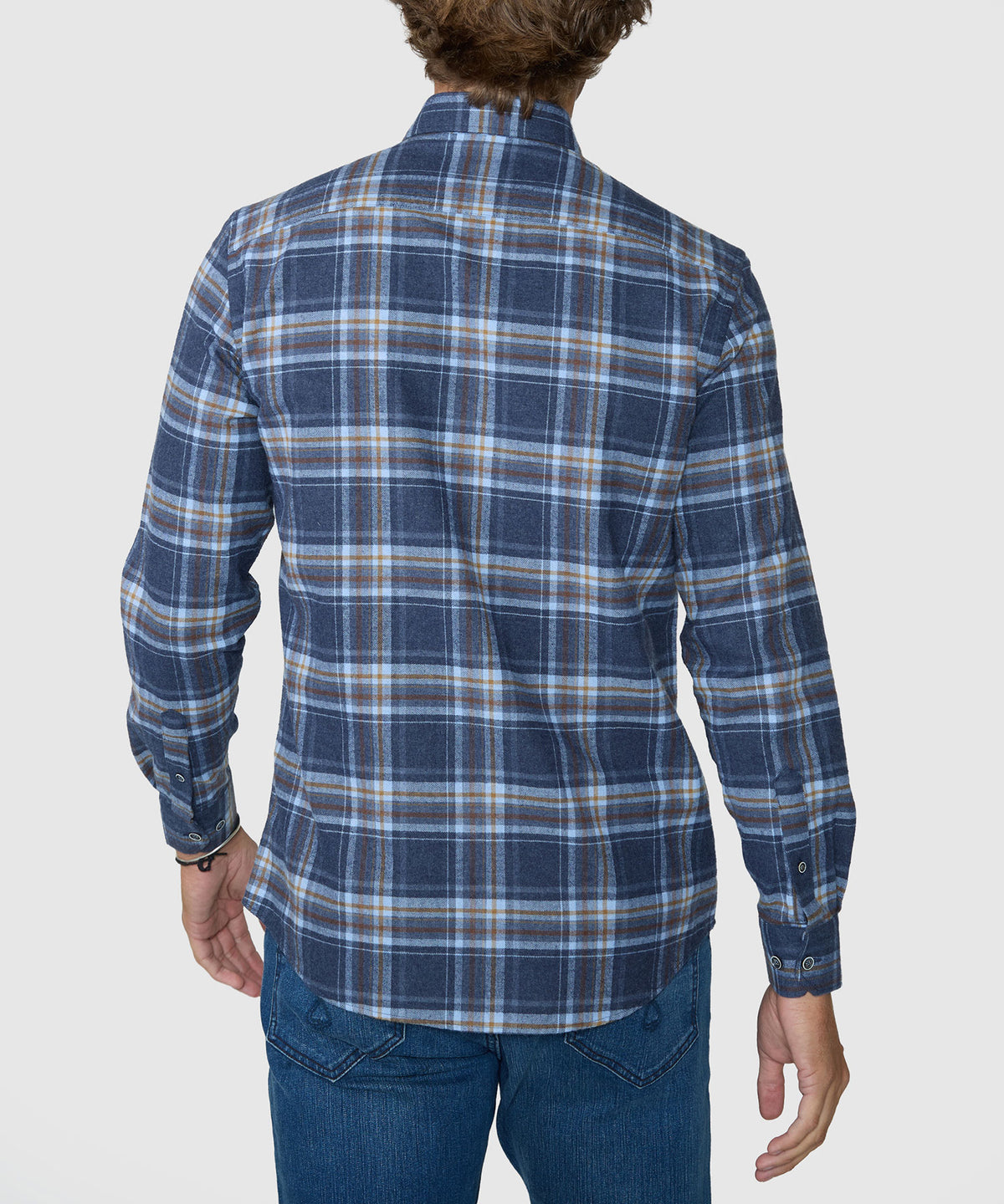 Blue plaid flannel long-sleeve button-up shirt, back view, Westport Lifestyle Men's Big & Tall