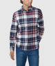 Men's plaid long-sleeve button-down shirt with chest pocket and buttoned cuffs