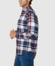 Men's plaid long-sleeve button-down shirt shown from side, buttoned cuffs