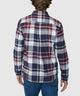 Men's plaid long-sleeve button-down shirt back view, full-length sleeves