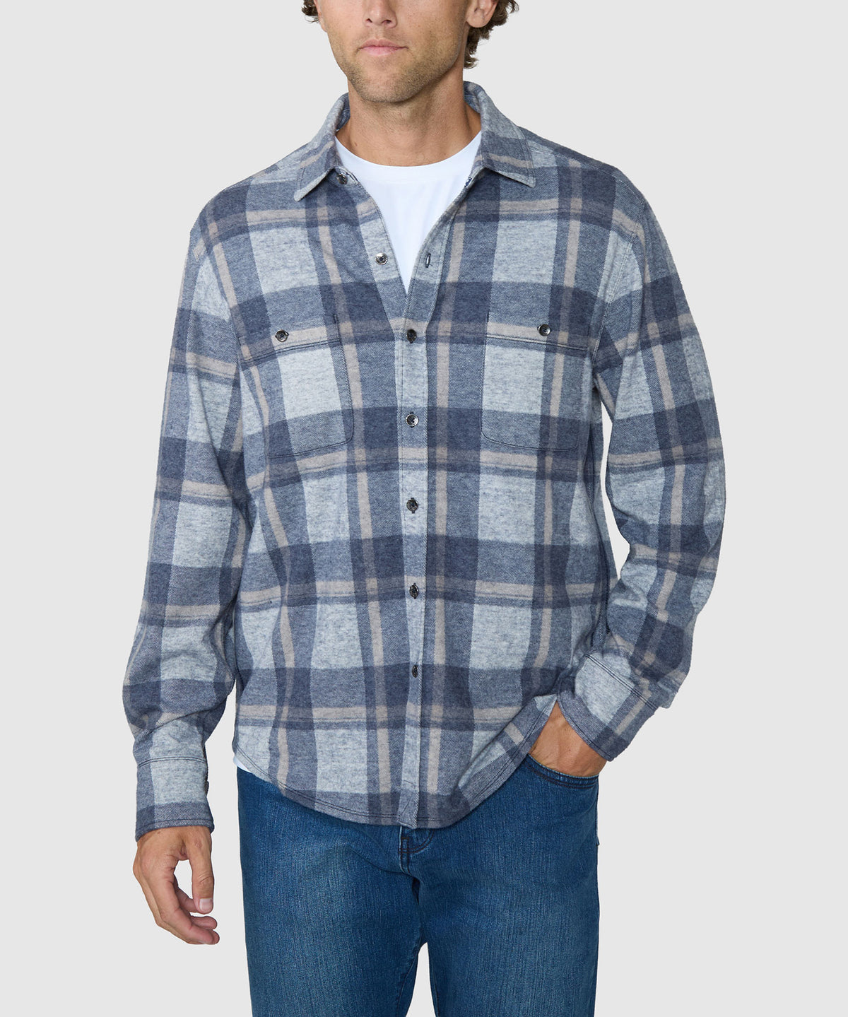 Mens long-sleeve button-up plaid sport shirt with chest pockets, blue and gray check, Tommy Bahama Men's Big & Tall