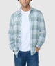 Mens long-sleeve button-up plaid sport shirt with chest pockets, light green and blue