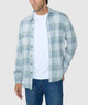 Mens long-sleeve plaid button-up shirt with chest pockets, light green-blue check