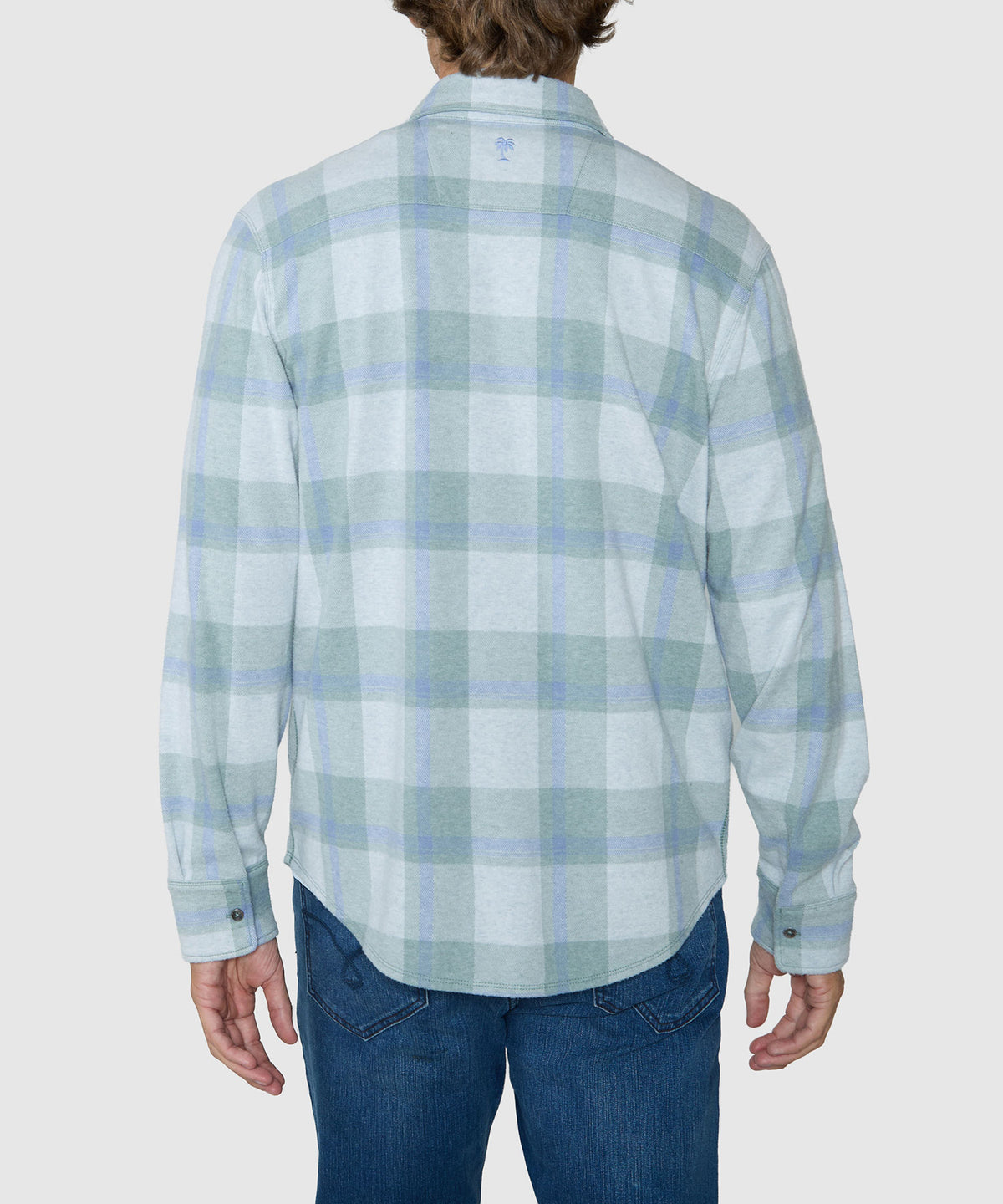 Long-sleeve plaid button-up shirt, light green and blue check with back view, Tommy Bahama Men's Big & Tall