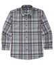 Grey plaid long-sleeve button-down sport shirt with no-tuck collar and front buttons