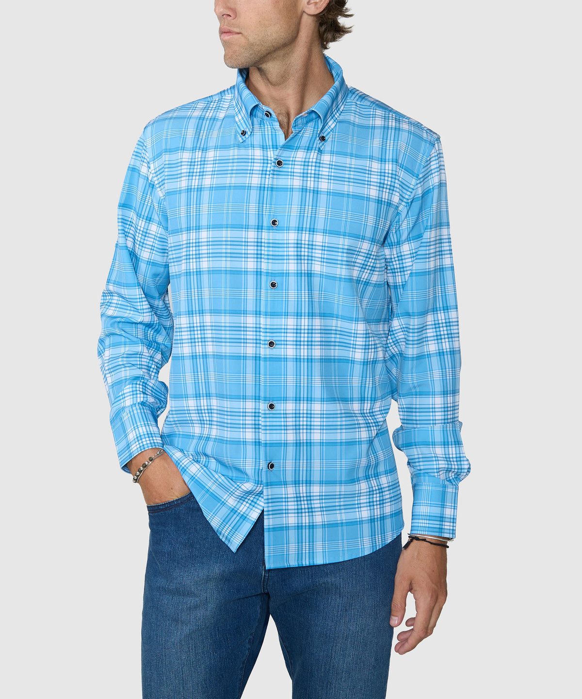 Westport No-Tuck Long Sleeve Button-Down Collar Stretch Performance Plaid Sport Shirt, Men's Big & Tall