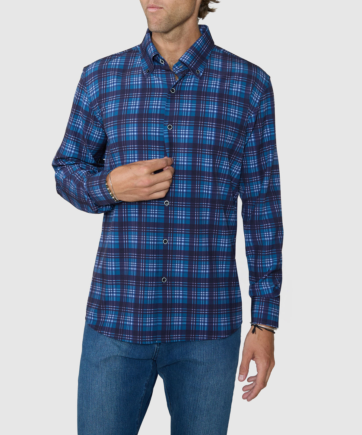 Navy blue plaid stretch button-down long-sleeve sport shirt on model, front view, Westport No-Tuck Men's Big & Tall