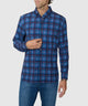 Navy blue plaid stretch button-down long-sleeve sport shirt on model, front view