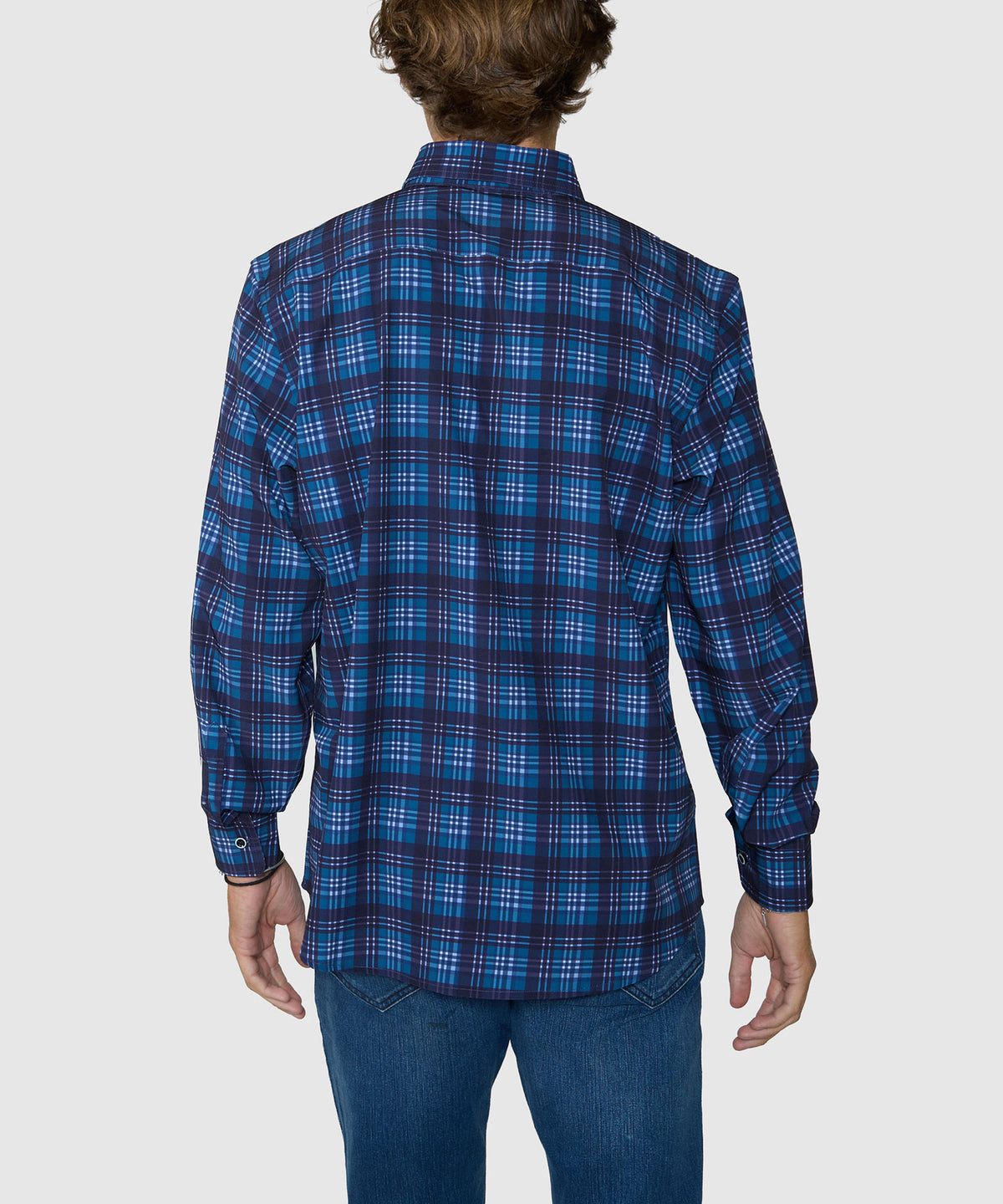 Navy blue plaid stretch button-down long-sleeve sport shirt, back view, Westport No-Tuck Men's Big & Tall