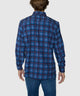 Navy blue plaid stretch button-down long-sleeve sport shirt, back view