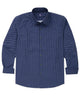 Cobalt blue long-sleeve button-down collar shirt with small white print dots, button front