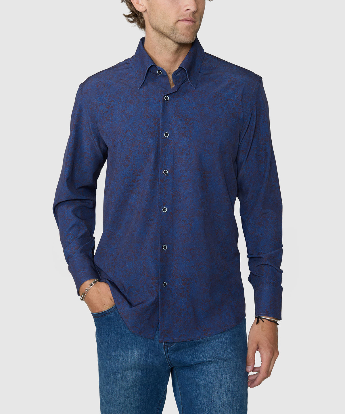 Westport No-Tuck Long Sleeve Button-Under Spread Collar Stretch Performance Medallion Print Sport Shirt - Navy, Men's Big & Tall