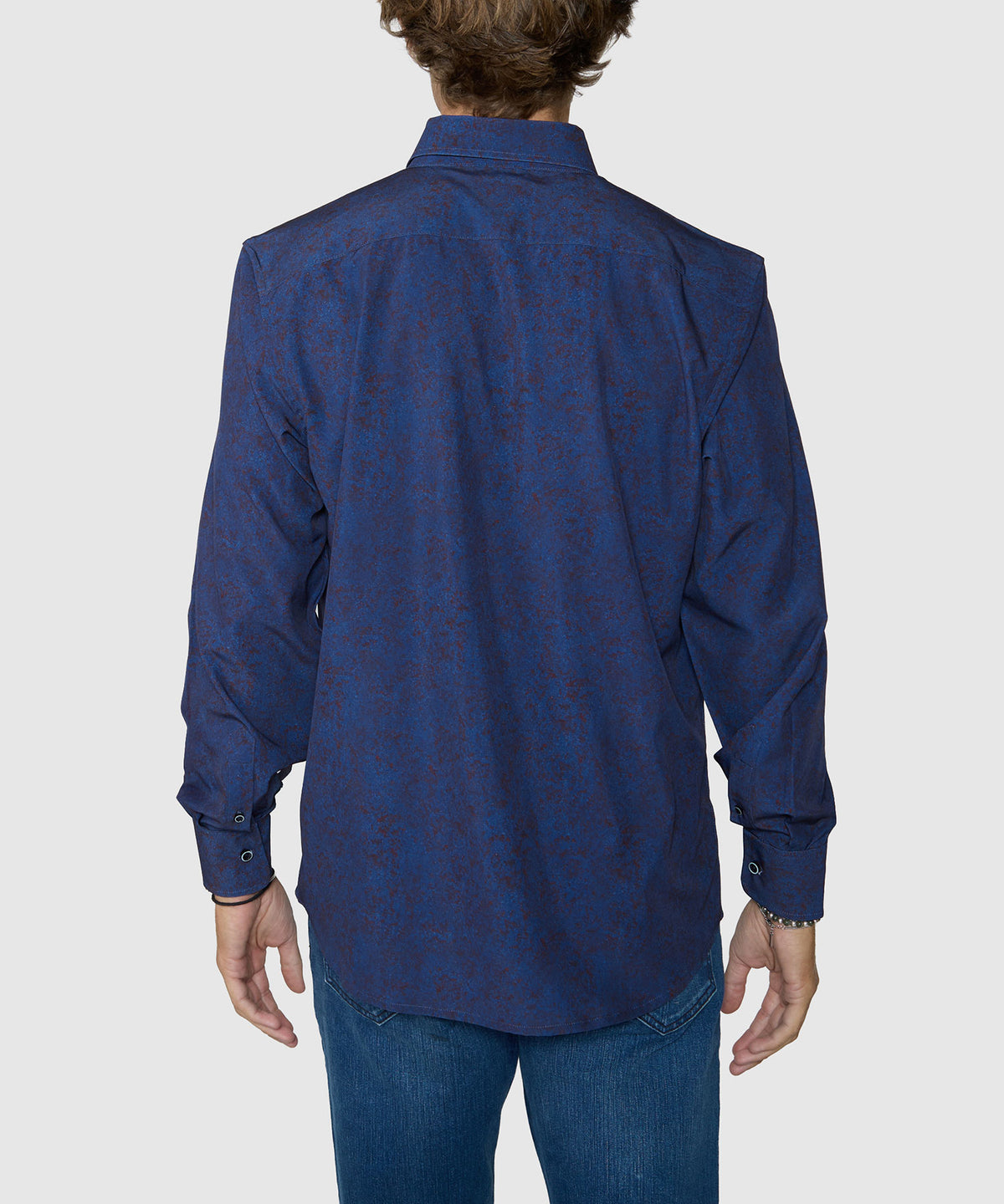 Westport No-Tuck Long Sleeve Button-Under Spread Collar Stretch Performance Medallion Print Sport Shirt - Navy, Men's Big & Tall