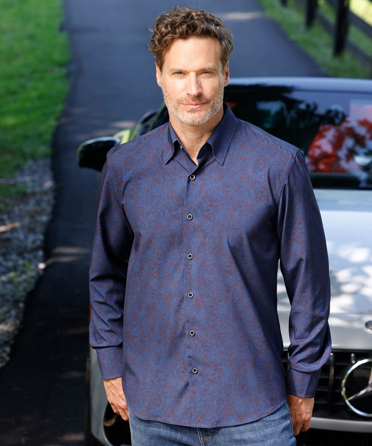 Westport No-Tuck Long Sleeve Button-Under Spread Collar Stretch Performance Medallion Print Sport Shirt, Men's Big & Tall