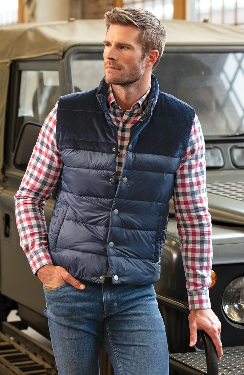 Male model wearing Westport Lifestyle Fireside Mixed Media Channel Vest