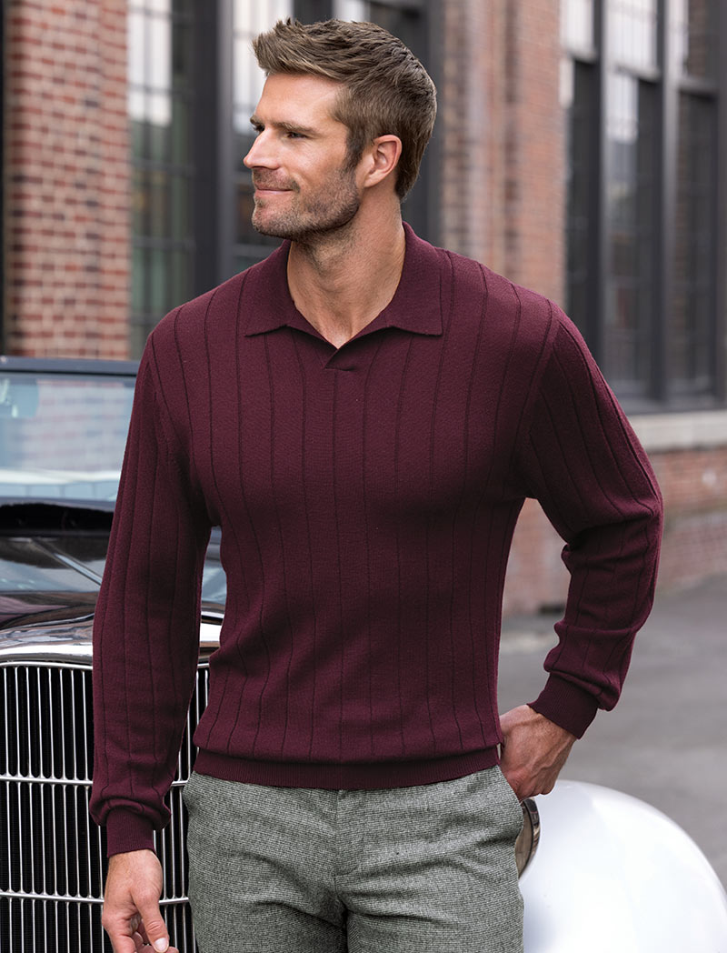 Male model wearing Westport Black Long Sleeve Palermo Merino Johnny Collar Polo