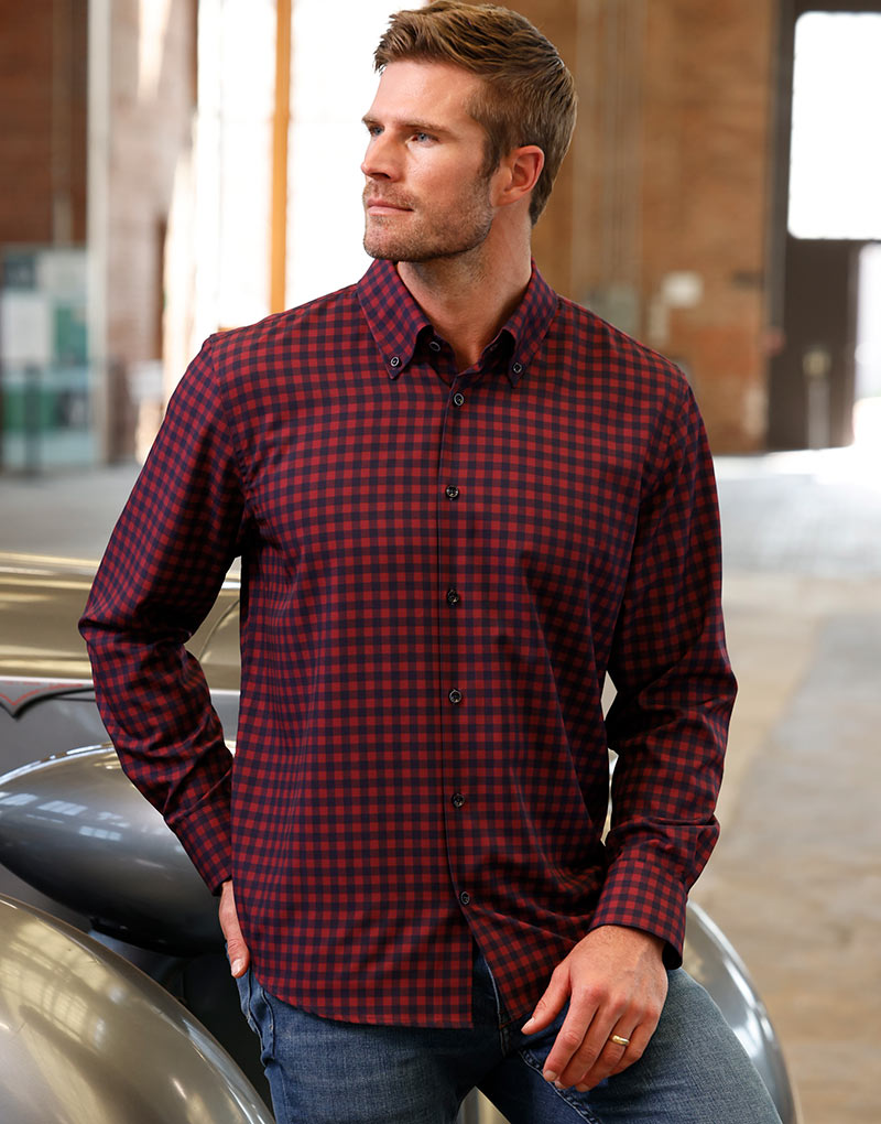 Male model wearing Westport No-Tuck Long Sleeve Button Under Collar Plaid Stretch Performance Sport Shirt