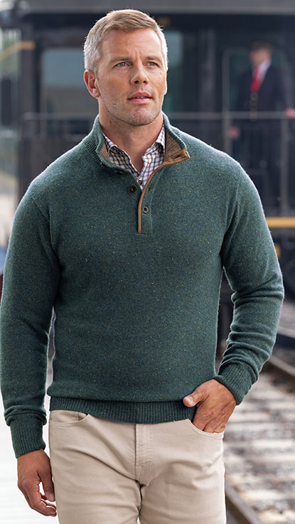 Male model wearing Westport Black Benson Donegal Button Mock Sweater