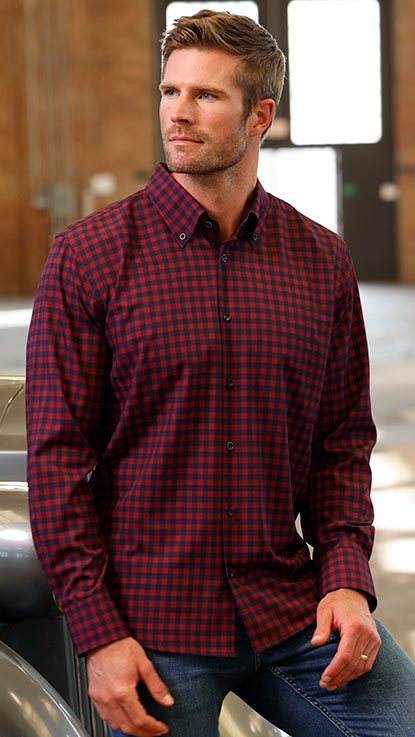 Male model wearing Westport No-Tuck Long Sleeve Button Down Collar Gingham Stretch Performance Sport Shirt