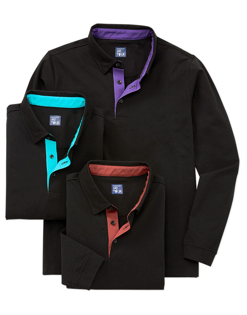 Westport No-Tuck Long Sleeve Stretch Cotton Rich Contrast Trim Placket Polo