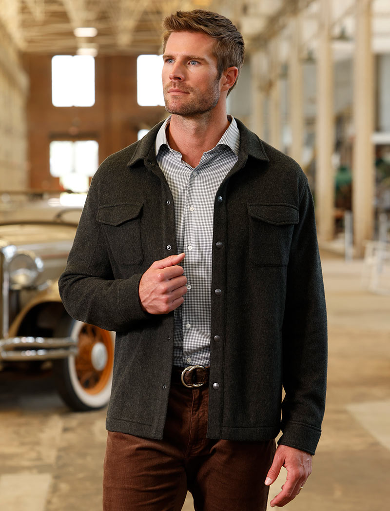 Male model wearing Peter Millar Crown Flex Merino Wool Shirt Jacket