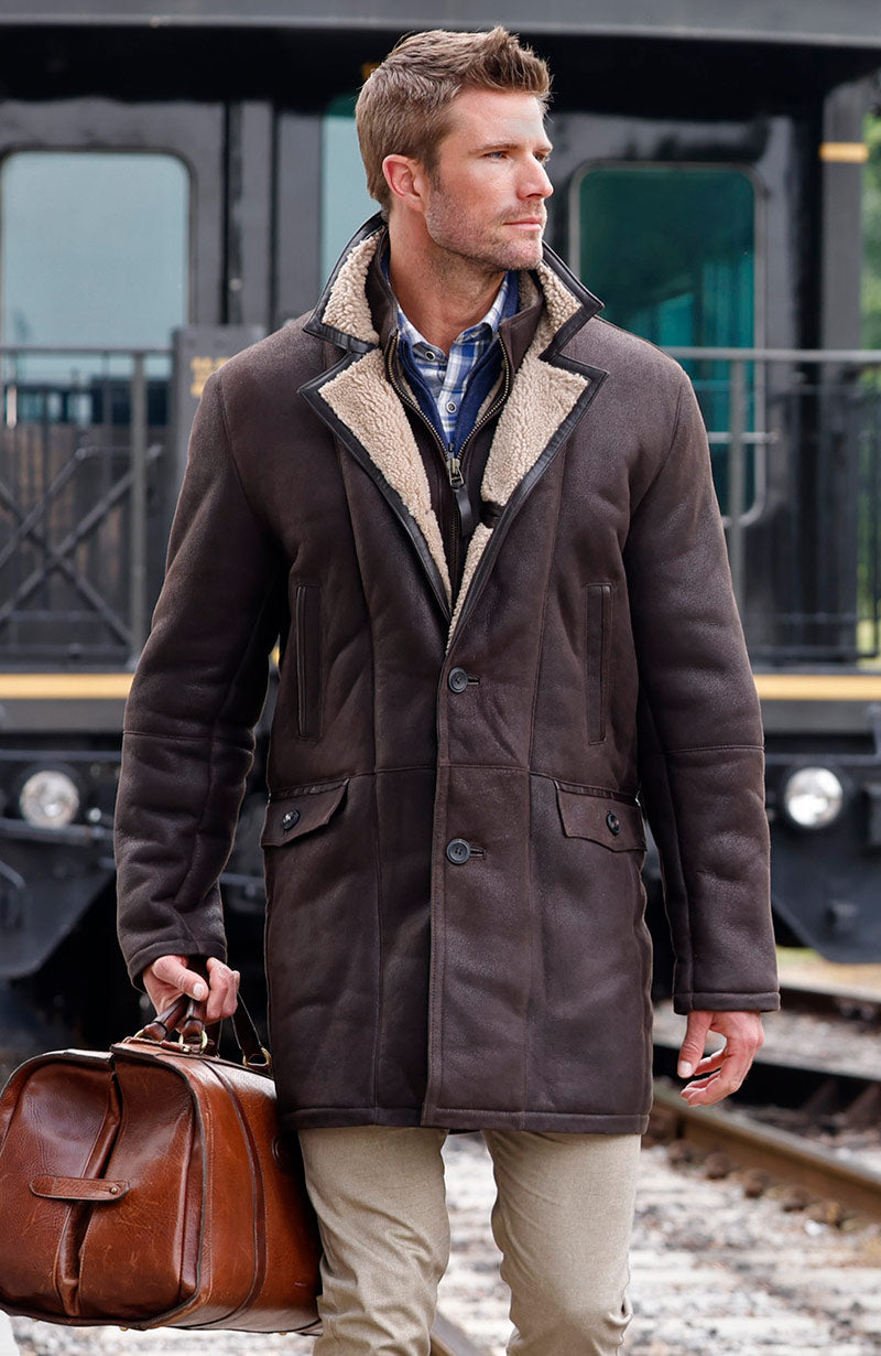 Male model wearing Westport Black Redding Shearling Coat
