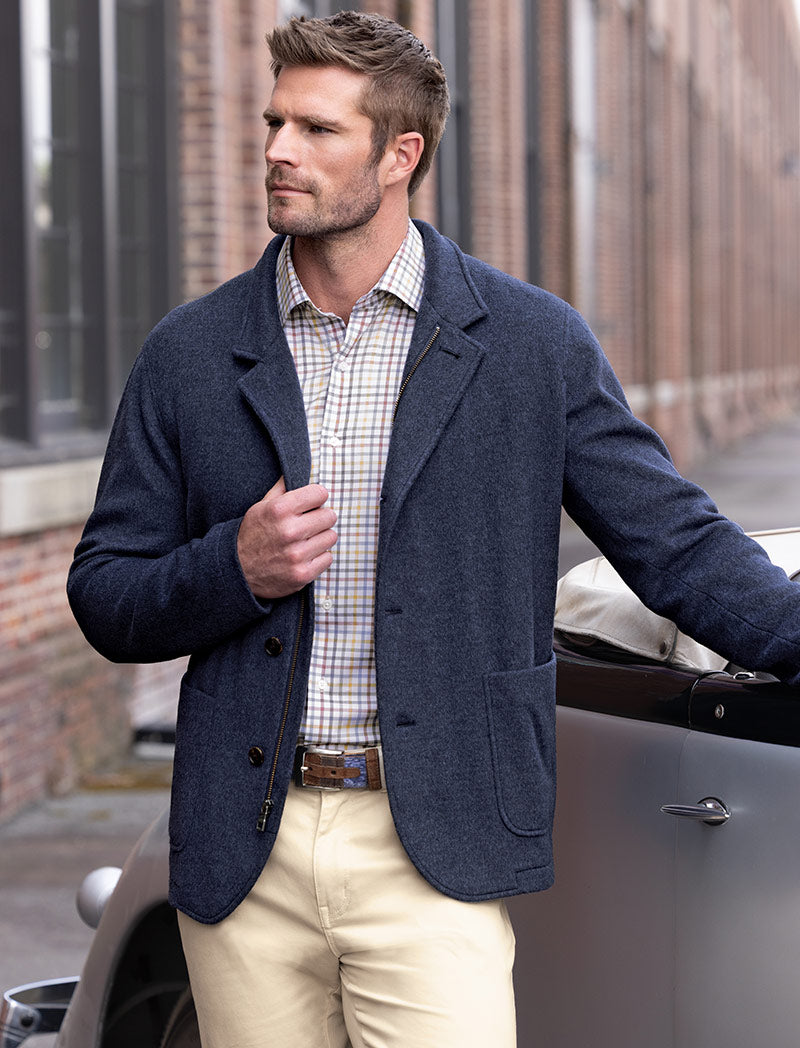 Male model wearing Peter Millar Crown Flex Merino Wool Blazer