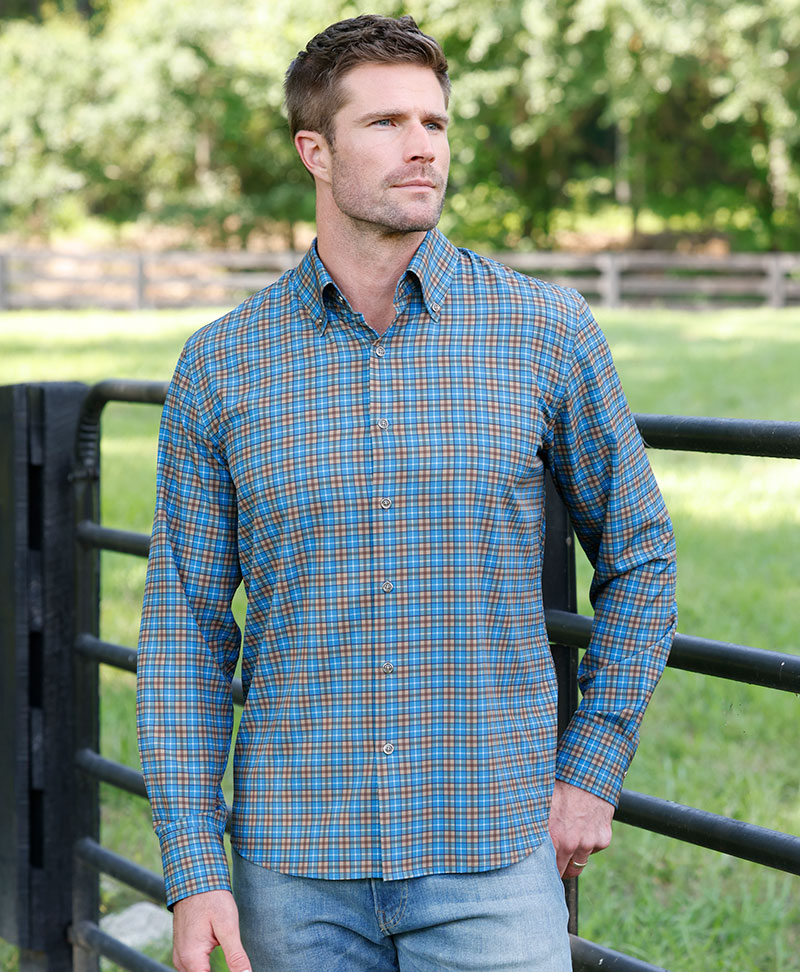 Male model wearing Westport No-Tuck Long Sleeve Button-Down Collar Stretch Performance Plaid Sport Shirt