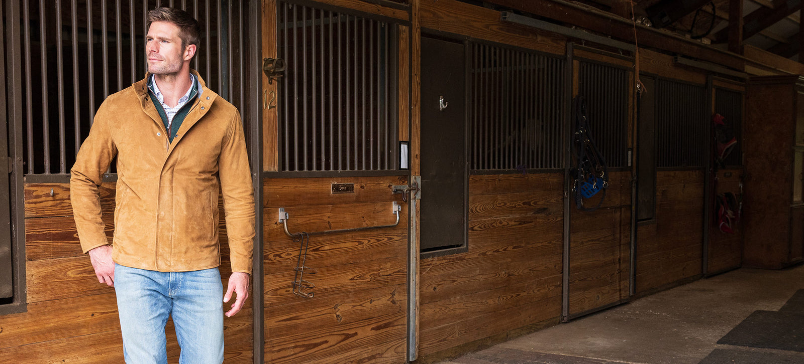 Male model wearing Peter Millar Norwalk Nubuck Coat