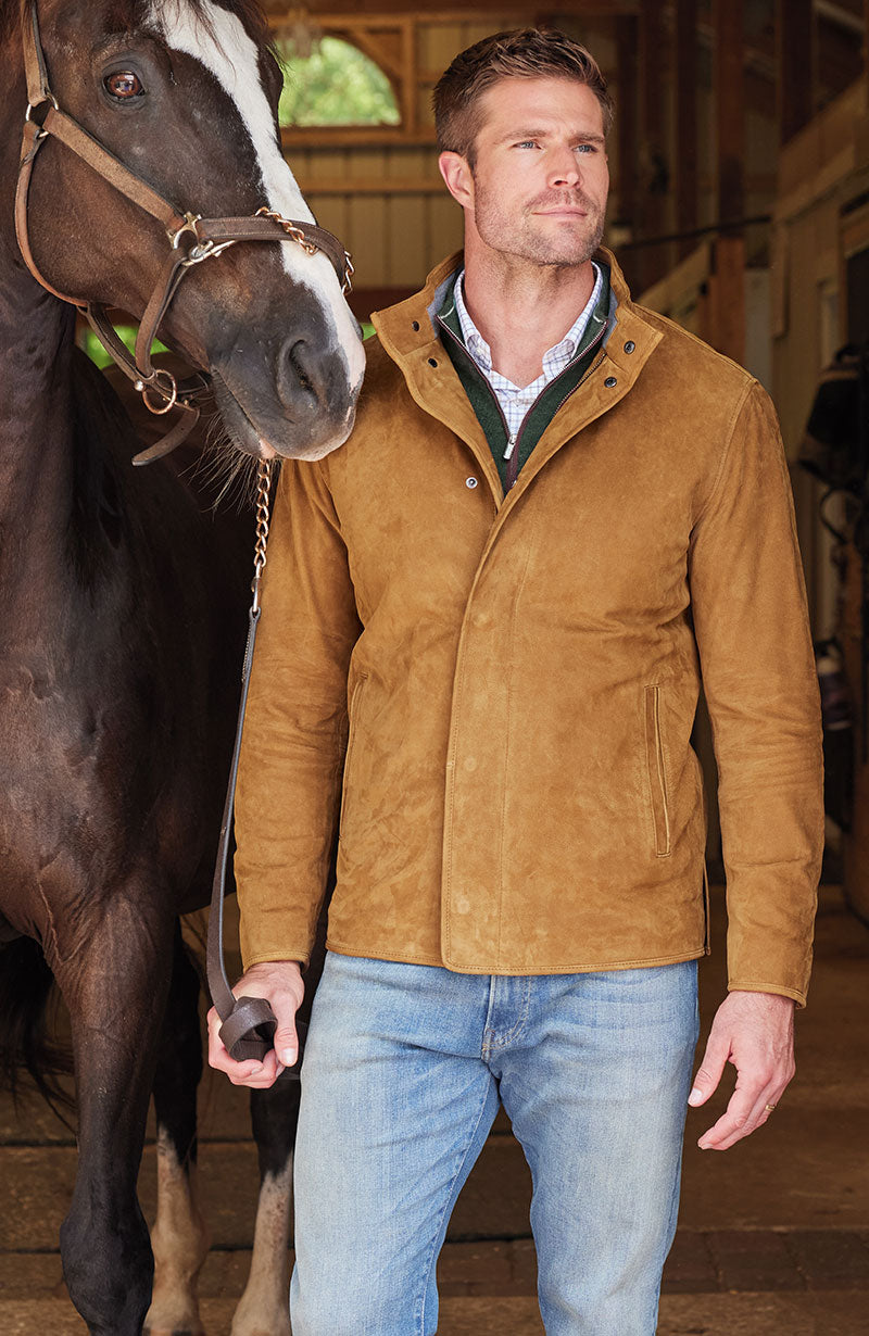 Male model wearing Peter Millar Norwalk Nubuck Coat