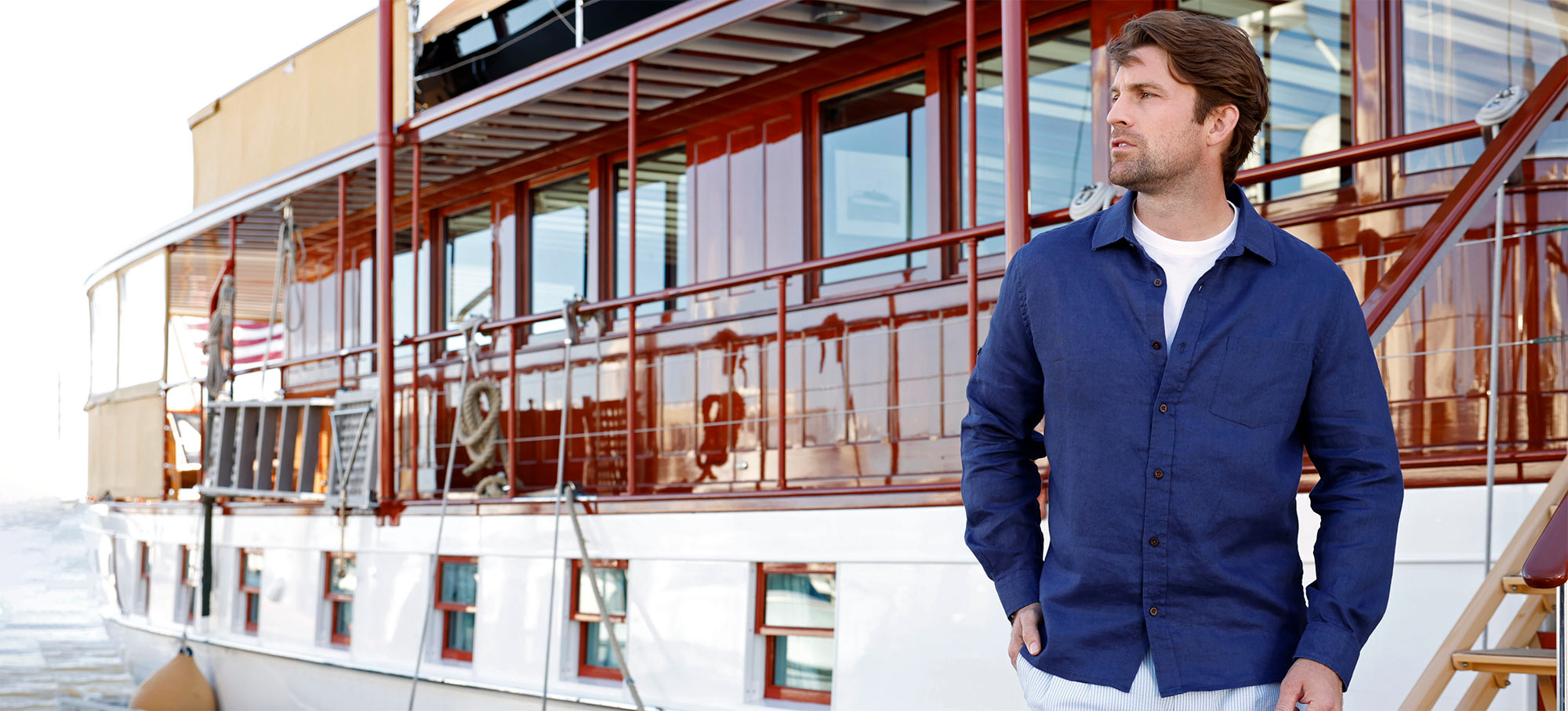 Male model wearing Westport Black Long Sleeve Southport Solid Linen Sport Shirt