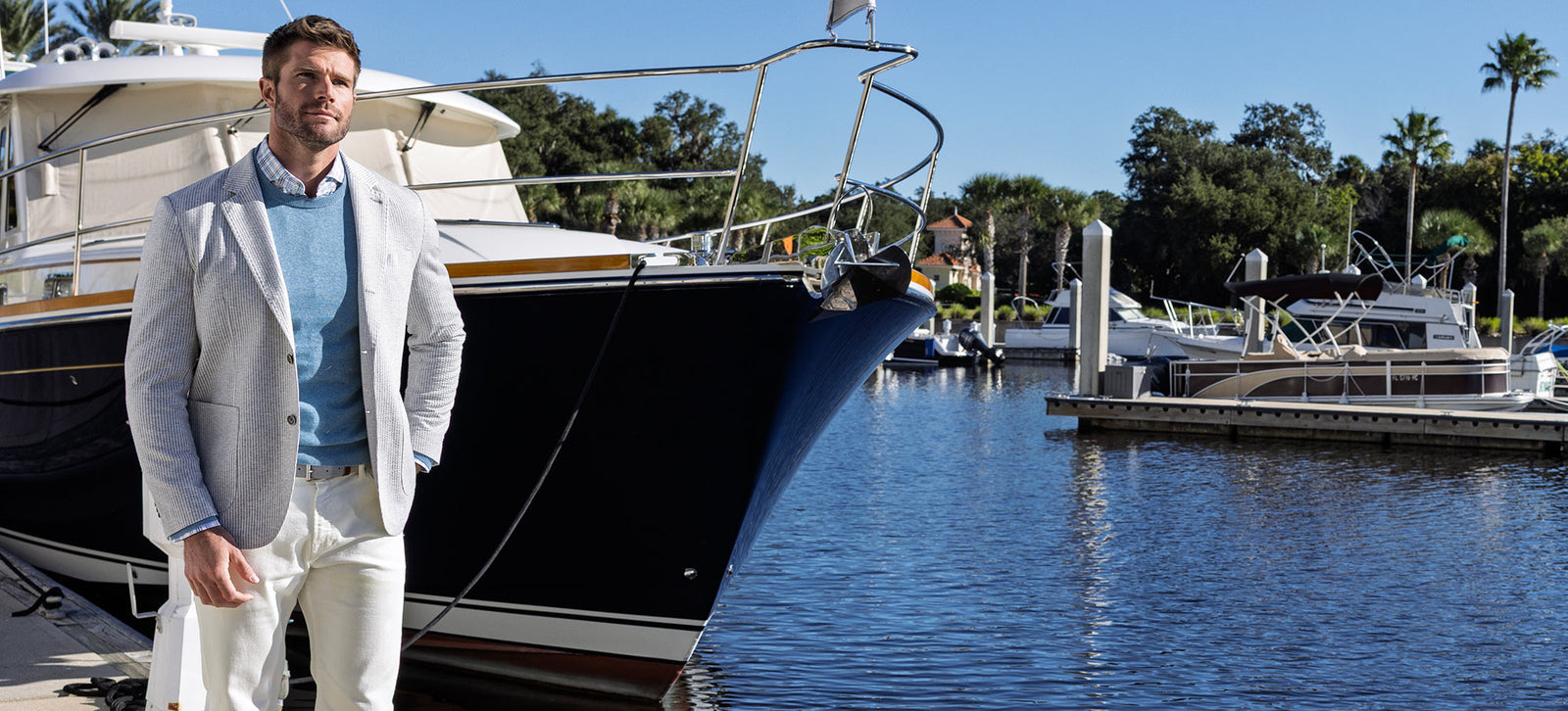 Male model wearing Westport Black Charleston Knit Seersucker Sport Coat