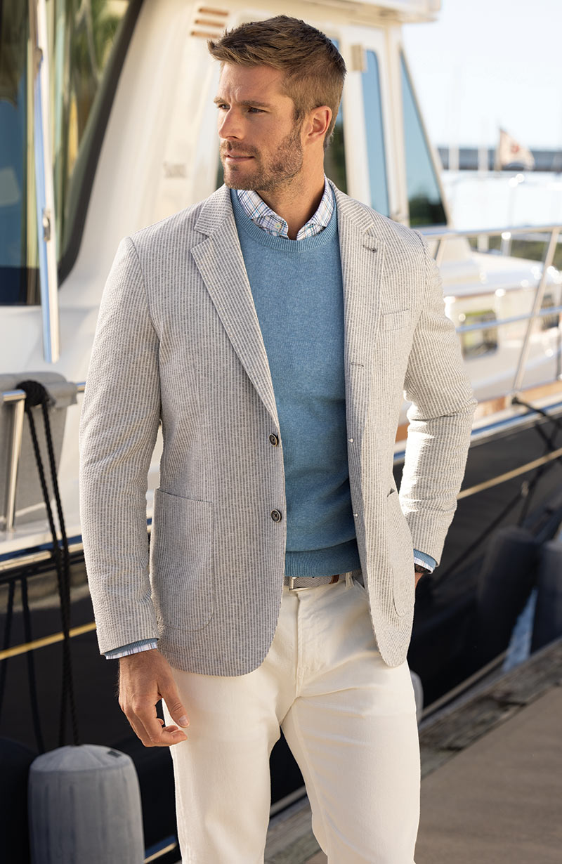 Male model wearing Westport Black Charleston Knit Seersucker Sport Coat