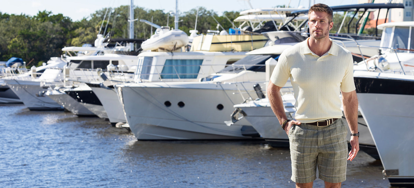 Male model wearing Westport Black Short Sleeve Portofino Johnny Collar Polo
