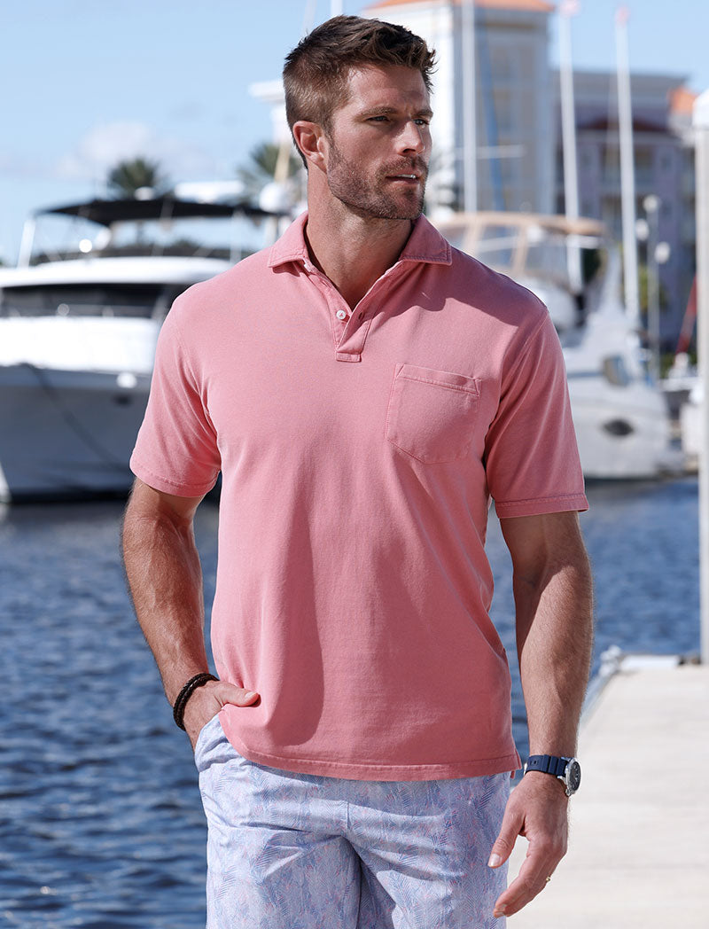 Male model wearing Peter Millar Short Sleeve Everyday Pique Polo