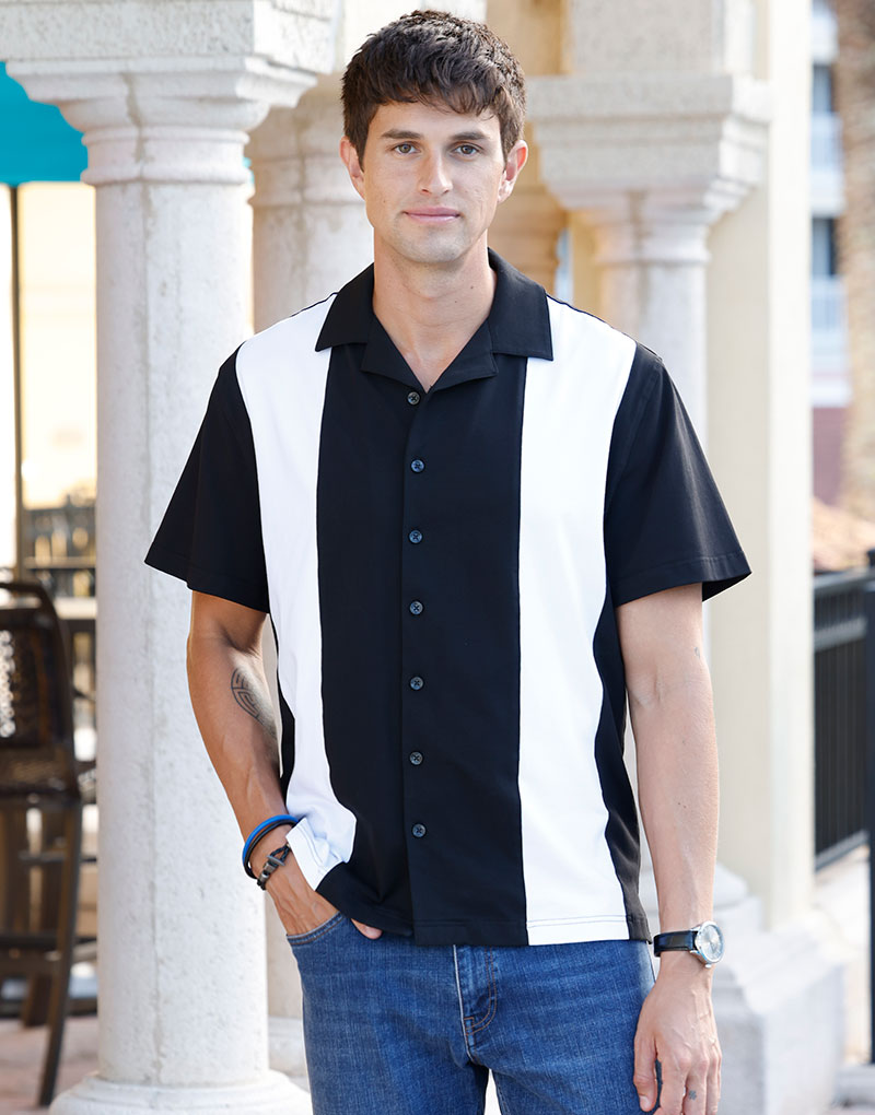 Male model wearing Westport No-Tuck Short Sleeve Cotton Performance Stretch Retro Knit Shirt