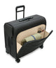 Black wardrobe spinner suitcase with side handle and open interior showing garment clips