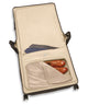 Open cream-lined wardrobe suitcase interior with zip organizer and shoe compartments