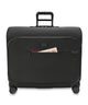 Black wardrobe spinner suitcase front view with zip closure and small front pocket